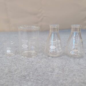 Vintage Kimax Pyrex Glass Beaker Flask Labware Set 10ml 50ml 100ml